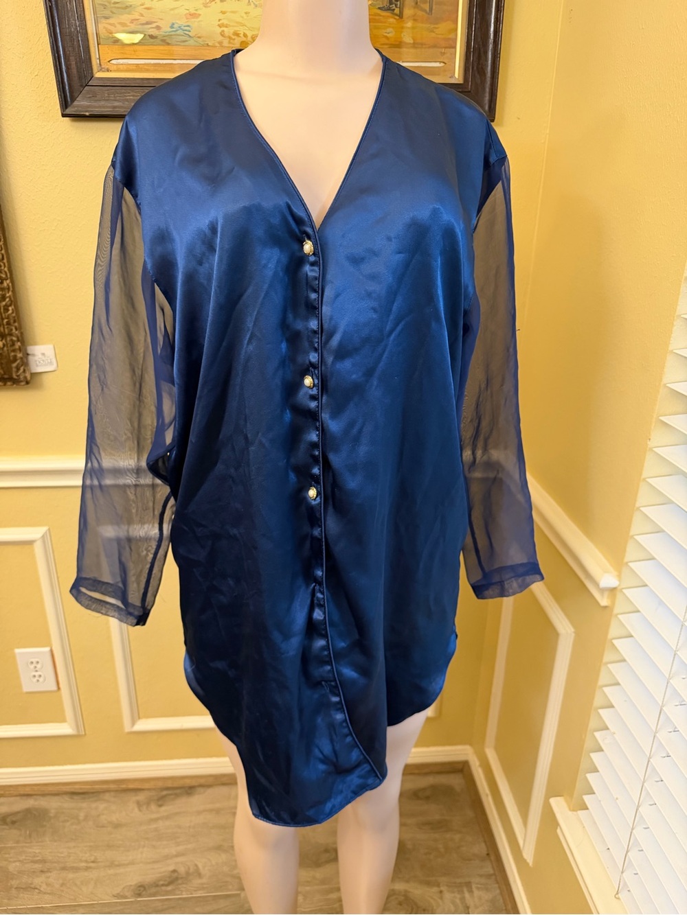 Victoria's Secret Navy Satin & Sheer Sleeve Blouse